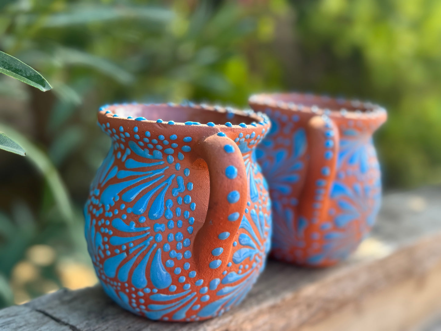Set of Mugs / Terracotta Color base with blue