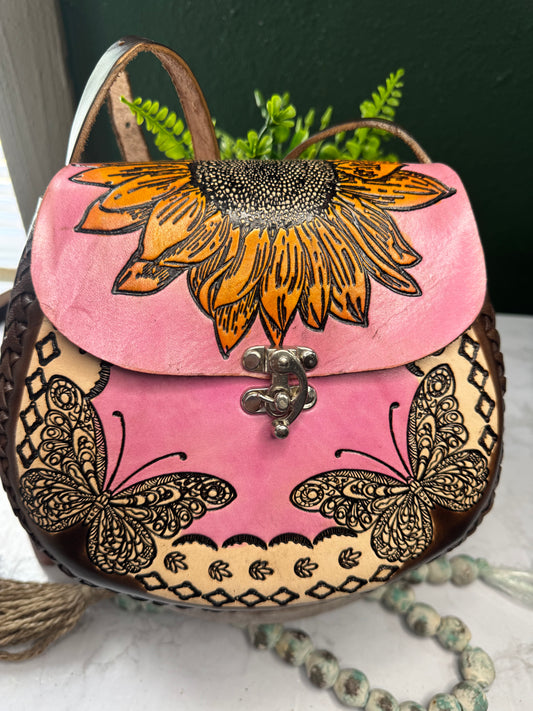 Bolsa de piel Artesanal Sunflower & Butterfly Pink