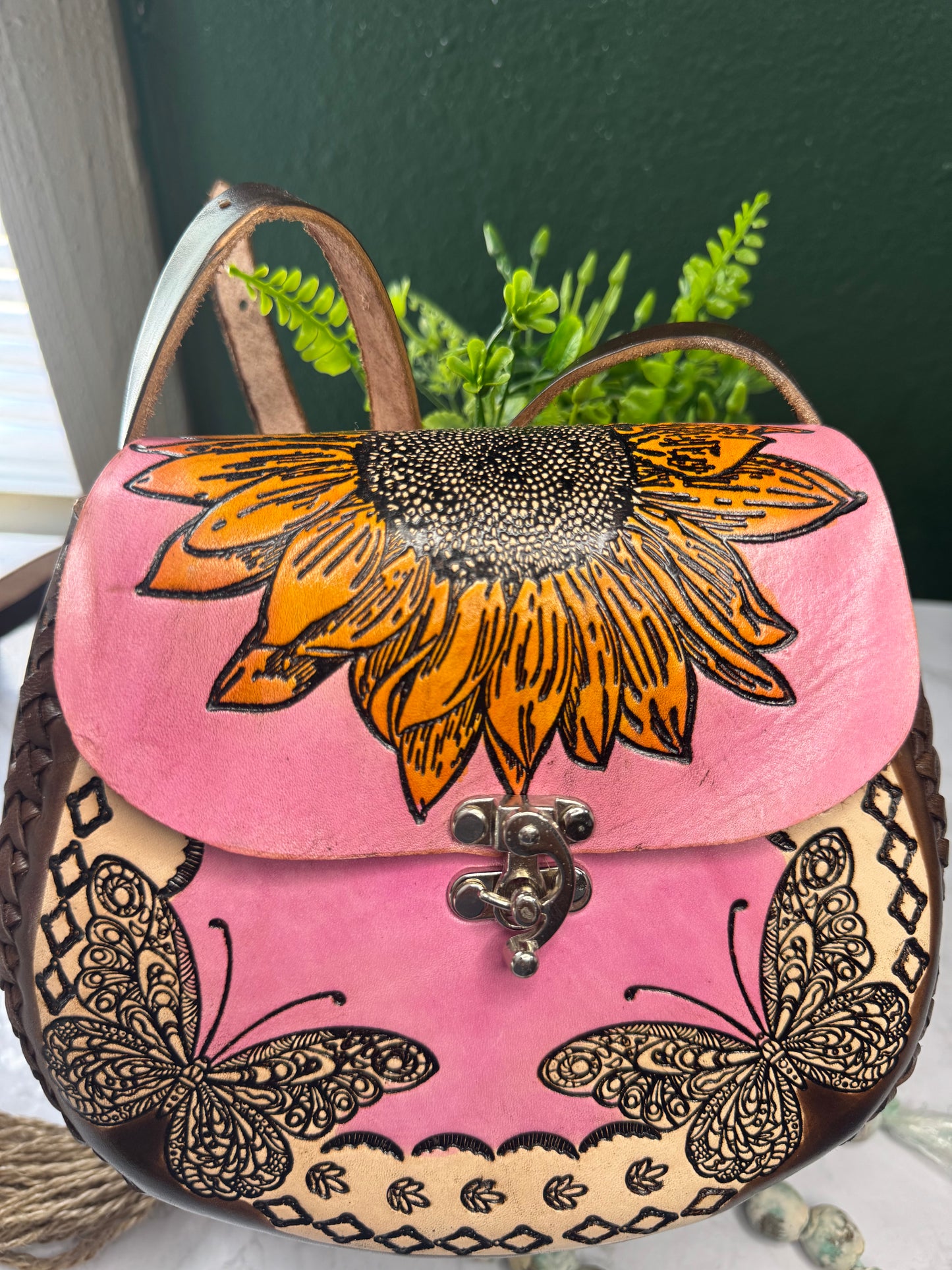Bolsa de piel Artesanal Sunflower & Butterfly Pink