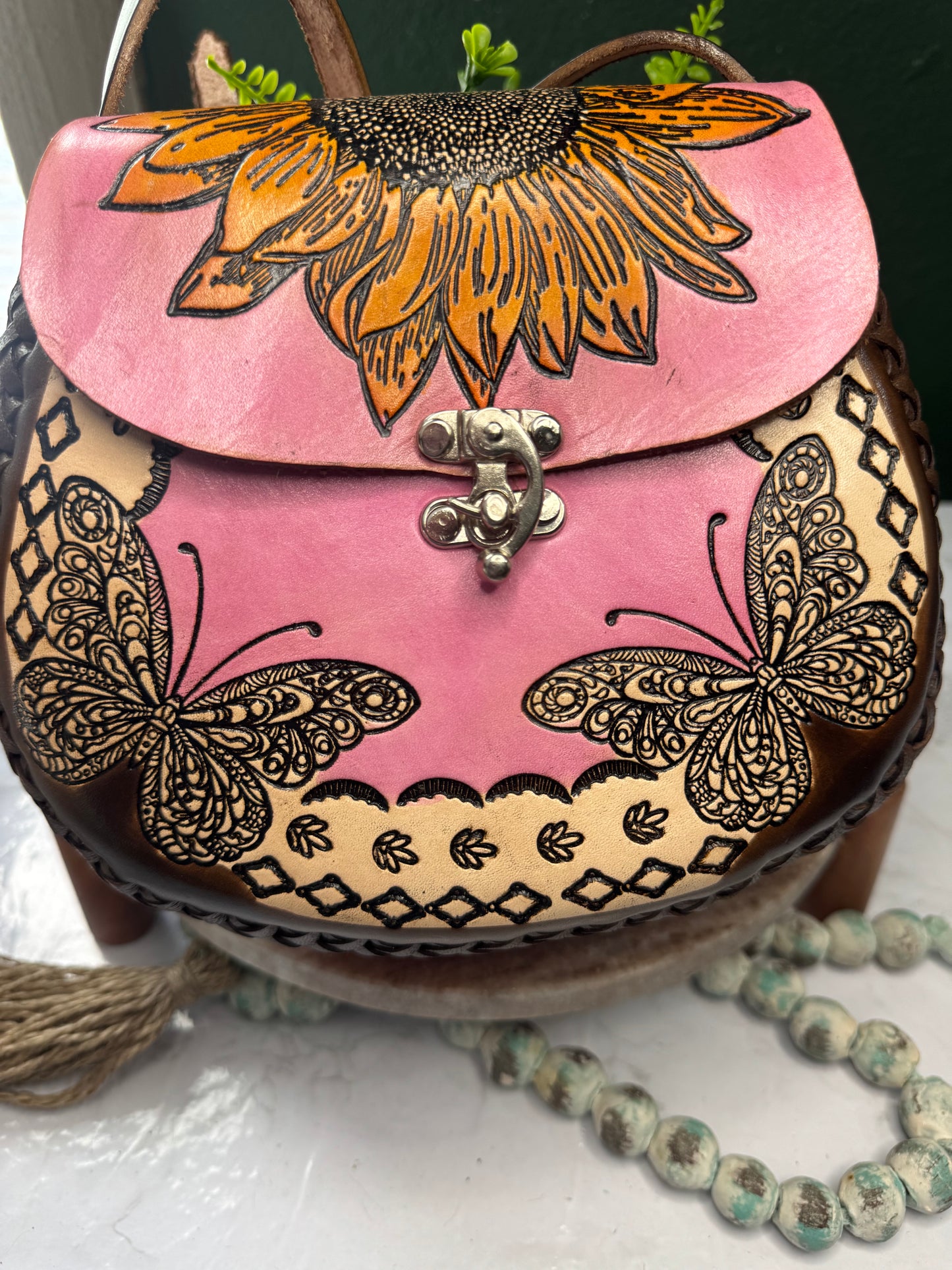 Bolsa de piel Artesanal Sunflower & Butterfly Pink