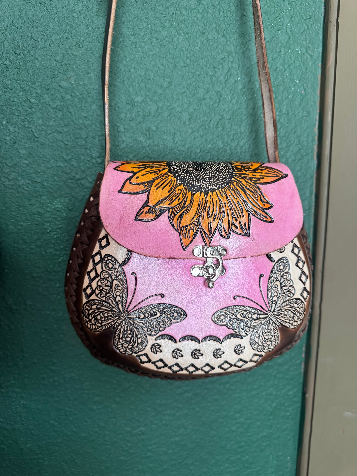 Bolsa de piel Artesanal Sunflower & Butterfly Pink