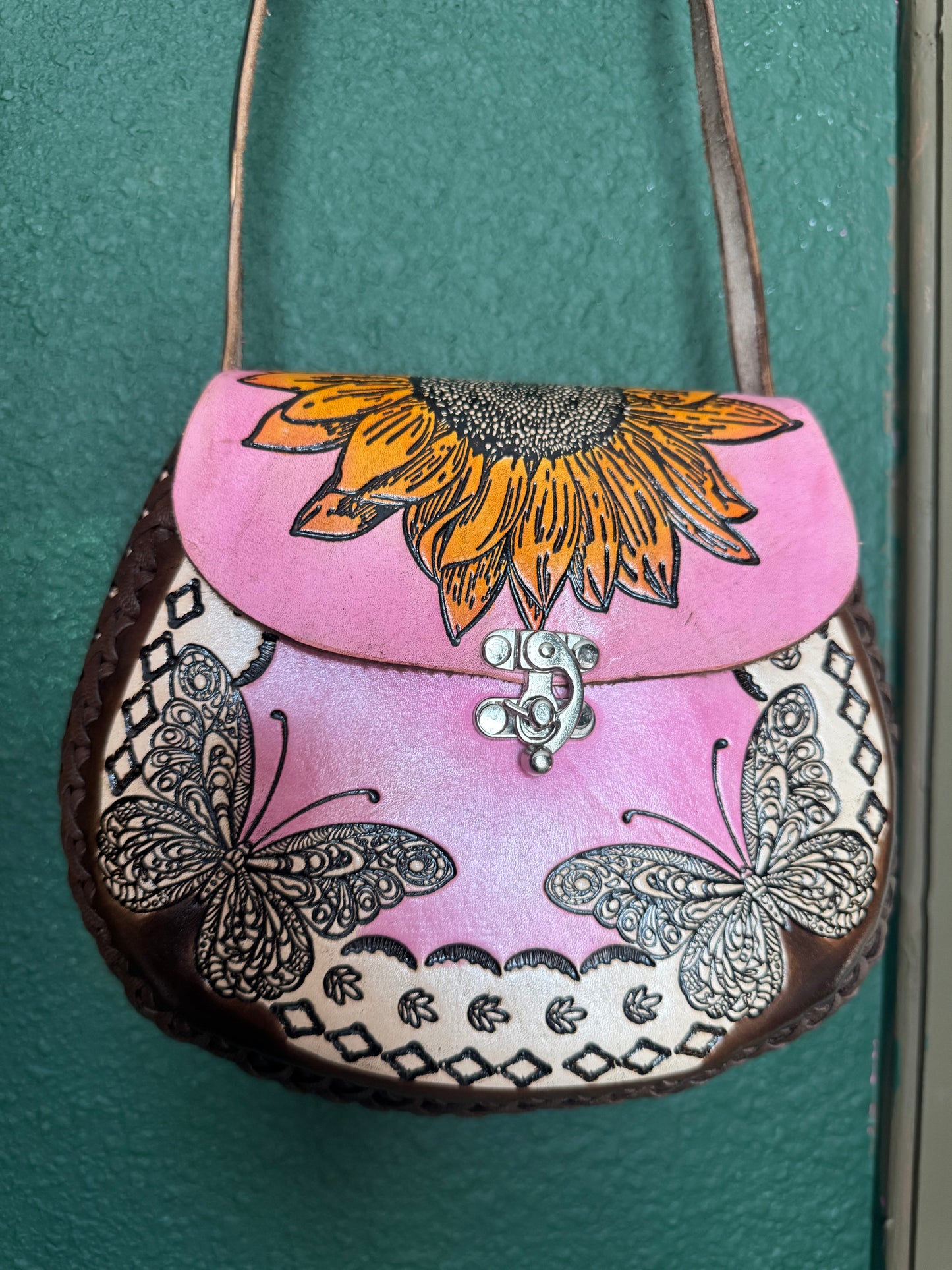 Bolsa de piel Artesanal Sunflower & Butterfly Pink