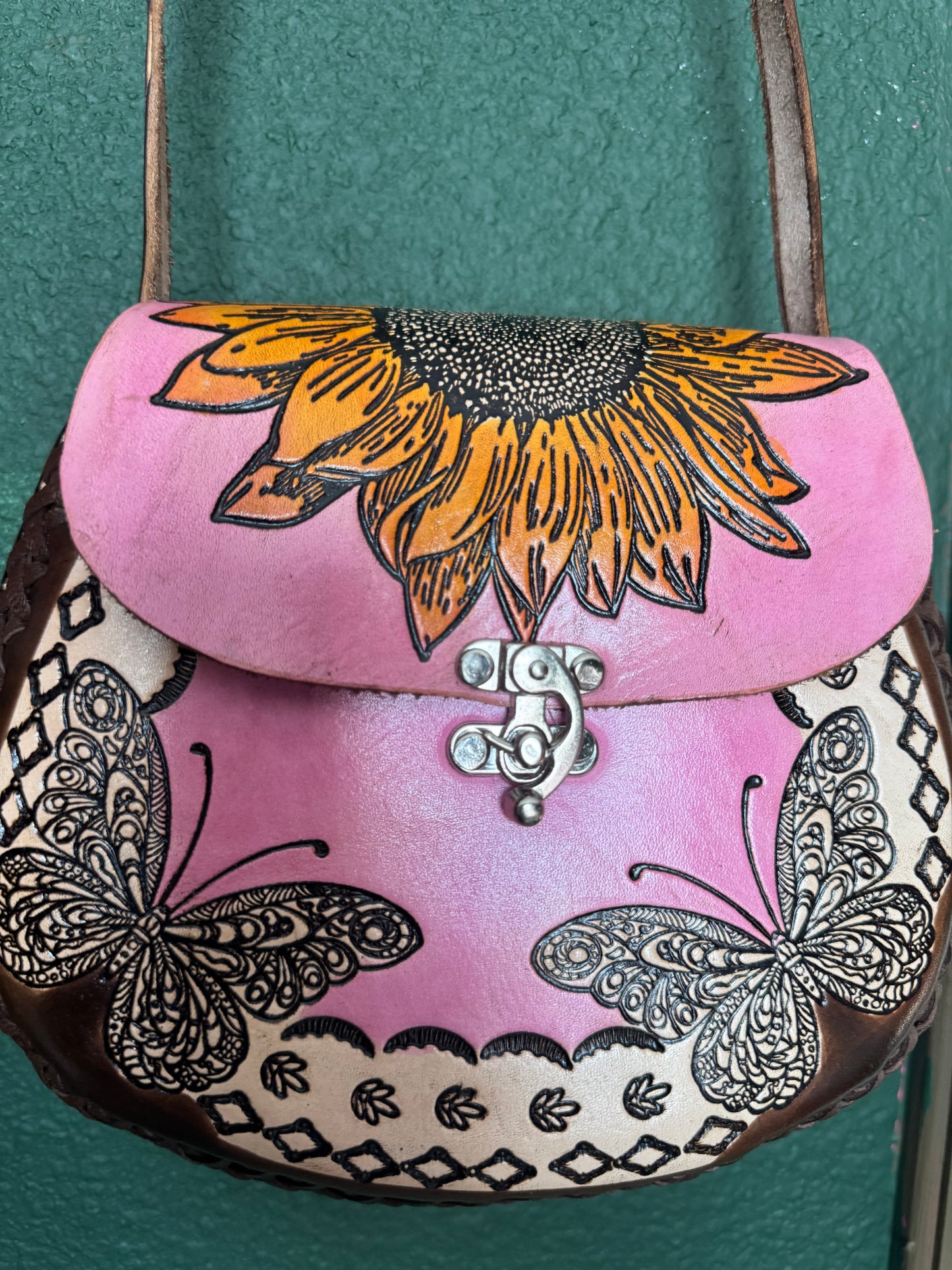 Bolsa de piel Artesanal Sunflower & Butterfly Pink