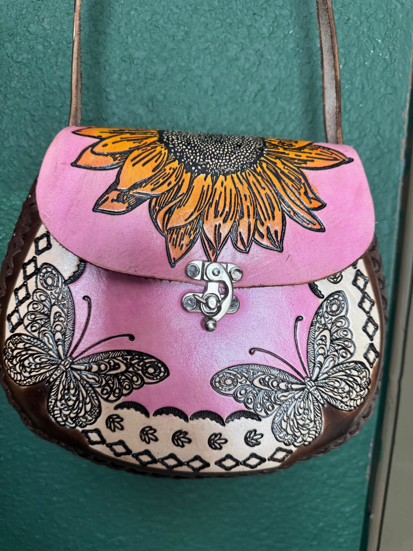 Bolsa de piel Artesanal Sunflower & Butterfly Pink