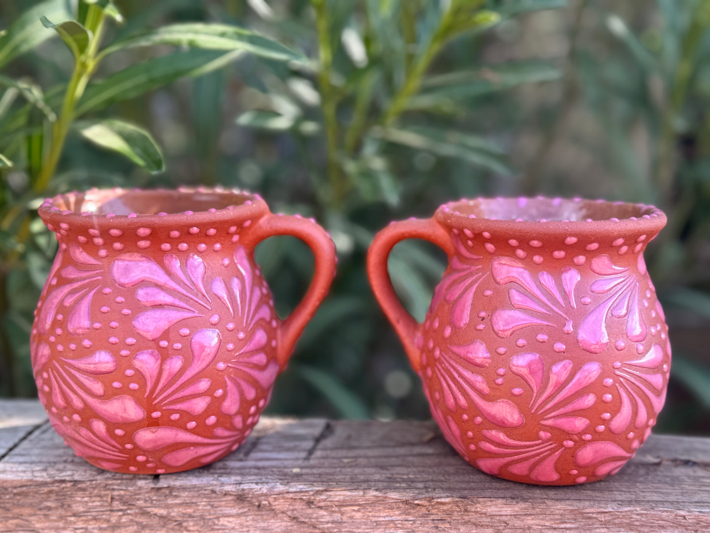 Set of Barro Talavera Style Mugs /Terracotta Base color with pink strokes