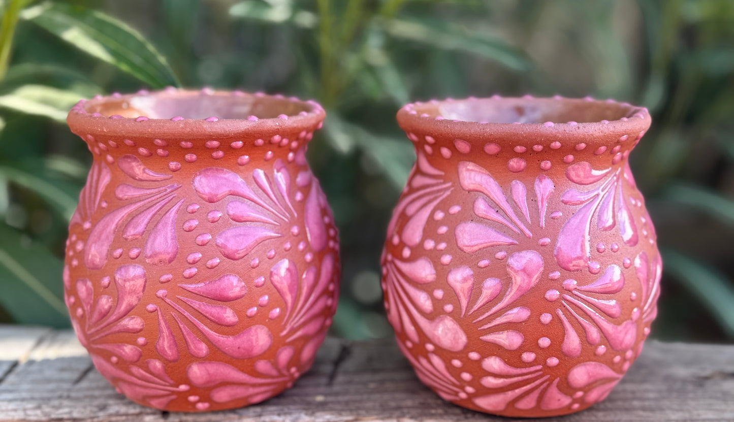 Set of Barro Talavera Style Mugs /Terracotta Base color with pink strokes