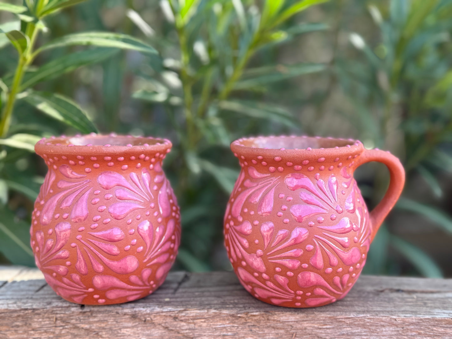Set of Barro Talavera Style Mugs /Terracotta Base color with pink strokes