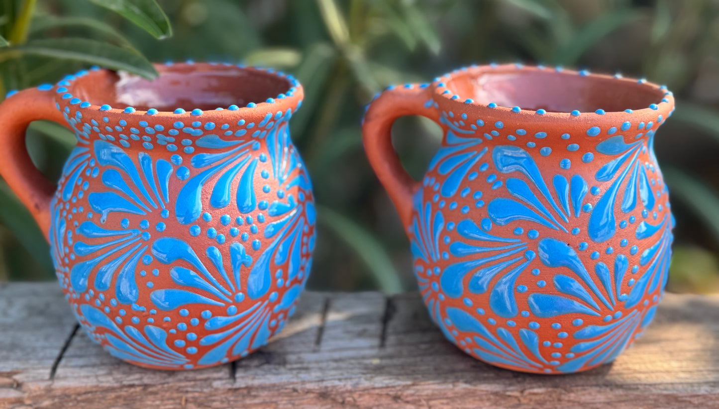 Set of Mugs / Terracotta Color base with blue