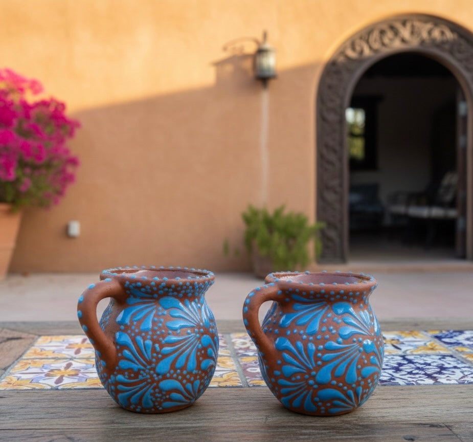Set of Mugs / Terracotta Color base with blue