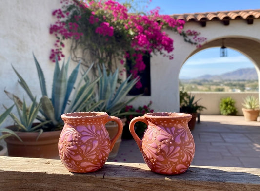 Set of Barro Talavera Style Mugs /Terracotta Base color with pink strokes