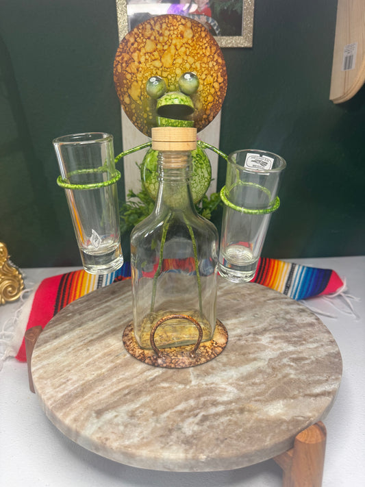 Metal work art Senor Frog with Glass Bottle and 2 Tequila shots