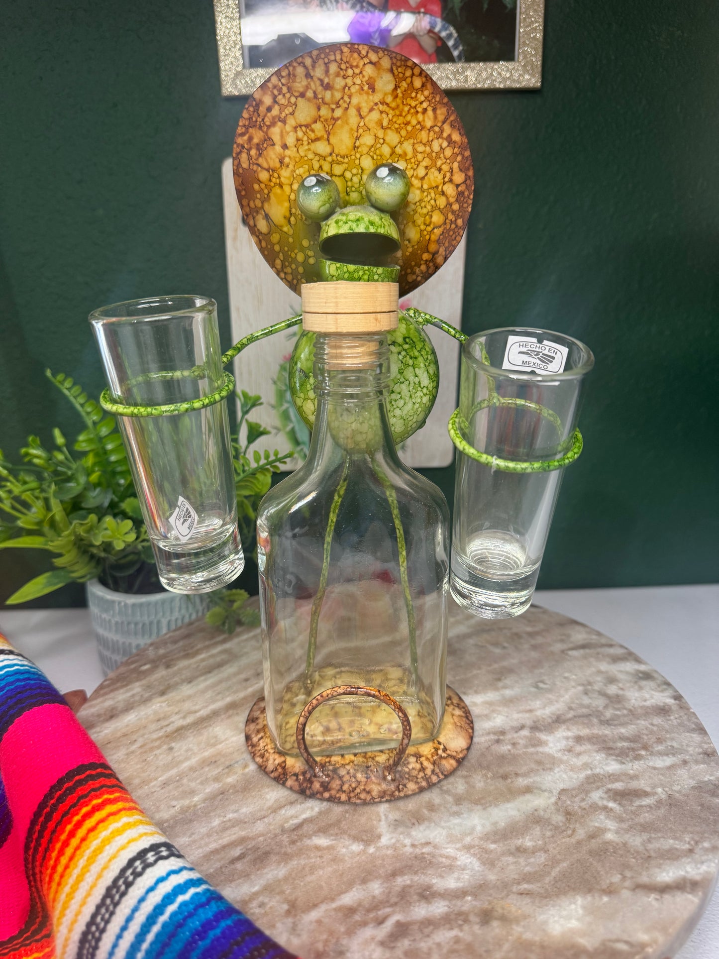 Metal work art Senor Frog with Glass Bottle and 2 Tequila shots