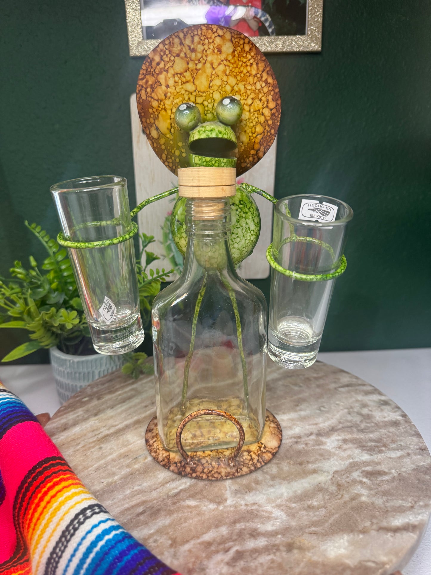 Metal work art Senor Frog with Glass Bottle and 2 Tequila shots