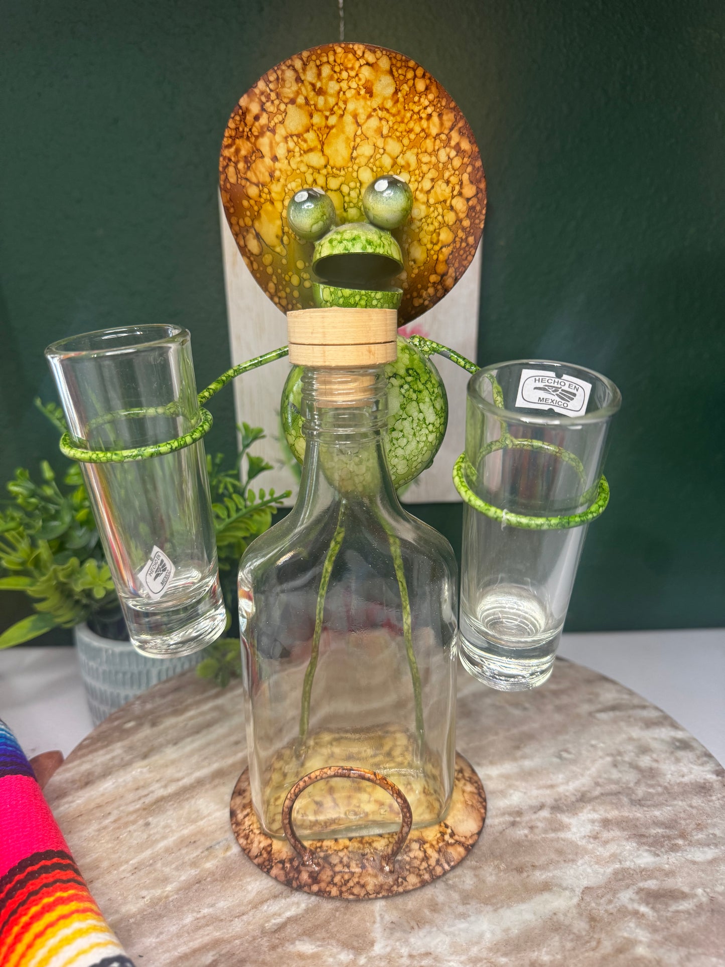 Metal work art Senor Frog with Glass Bottle and 2 Tequila shots