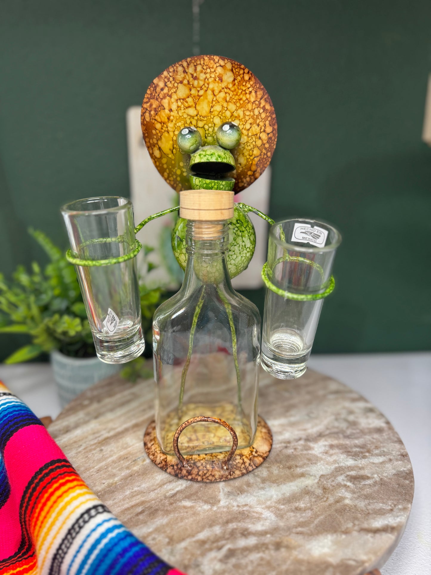 Metal work art Senor Frog with Glass Bottle and 2 Tequila shots