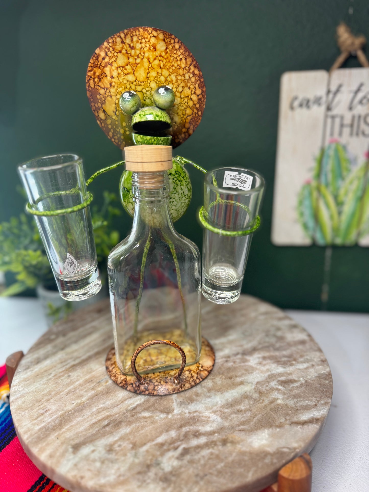 Metal work art Senor Frog with Glass Bottle and 2 Tequila shots