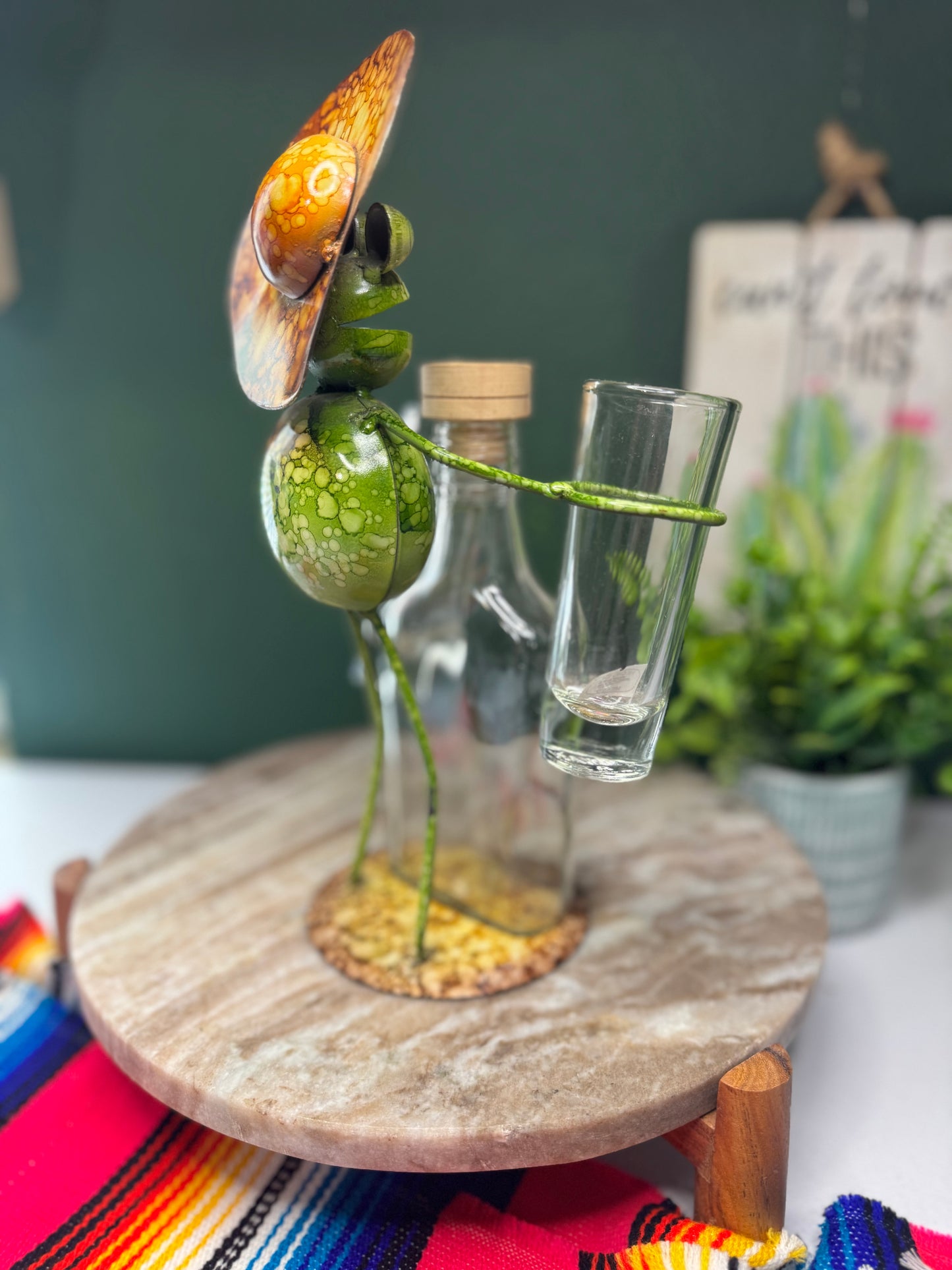 Metal work art Senor Frog with Glass Bottle and 2 Tequila shots
