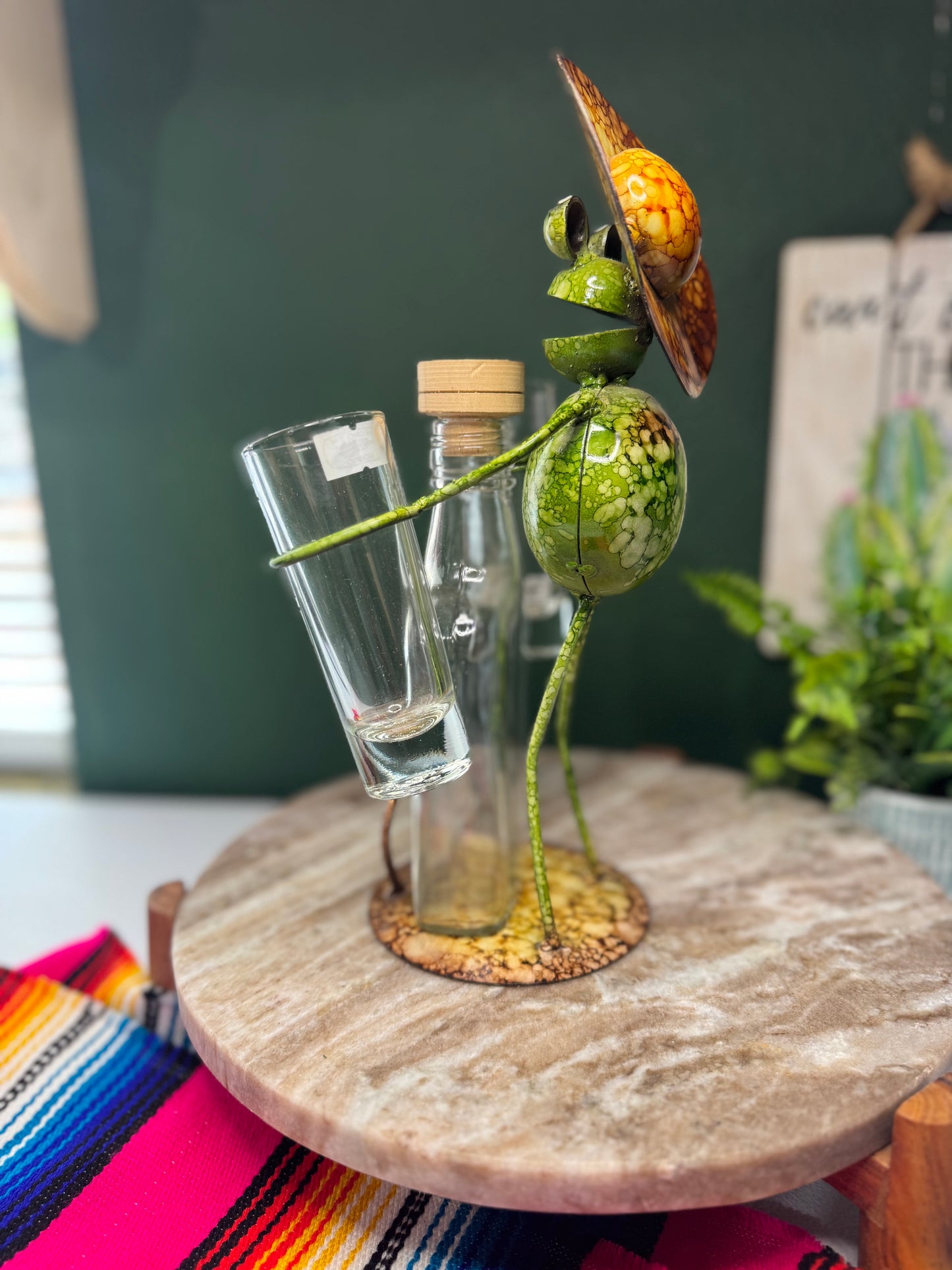 Metal work art Senor Frog with Glass Bottle and 2 Tequila shots