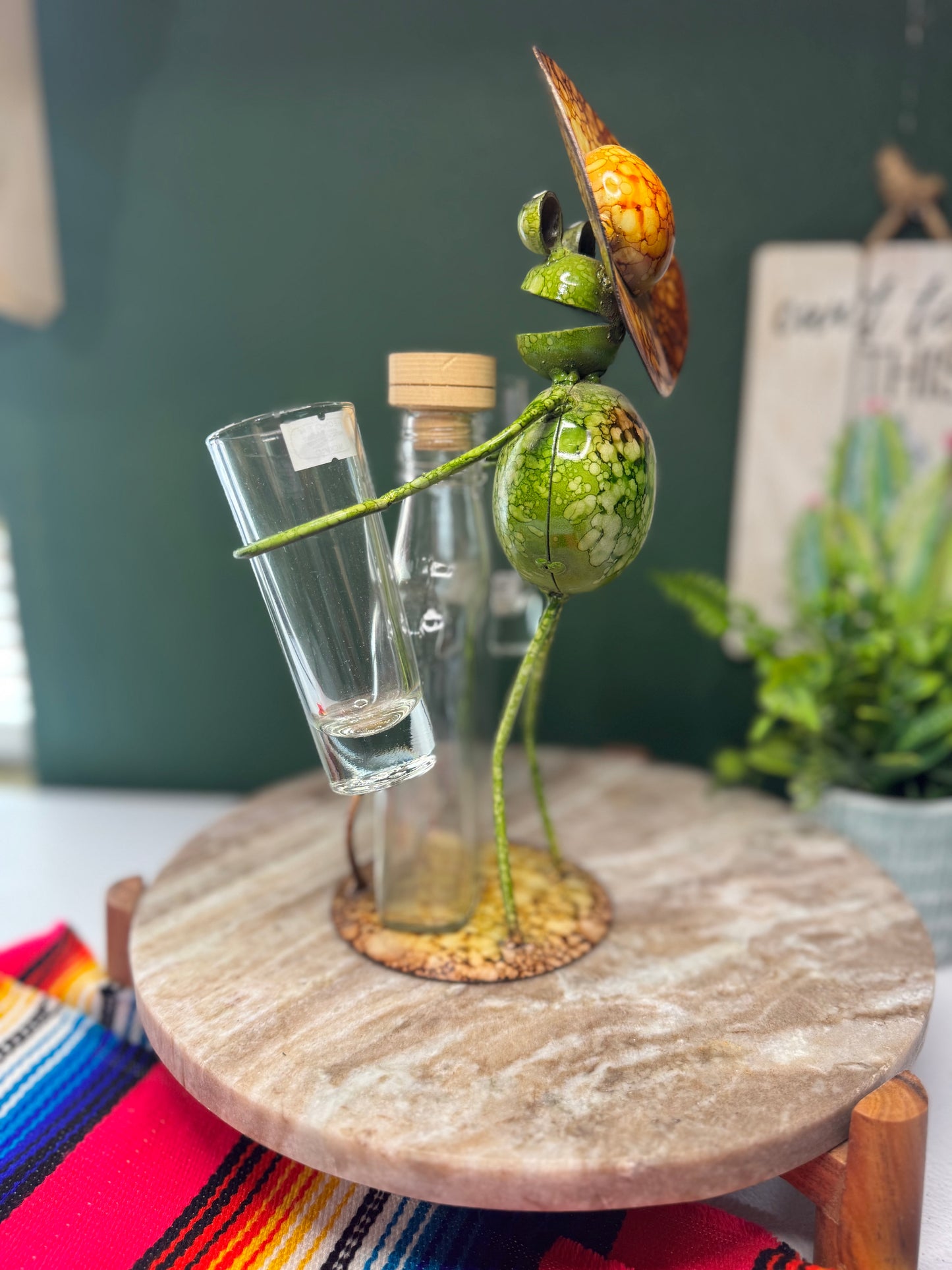 Metal work art Senor Frog with Glass Bottle and 2 Tequila shots
