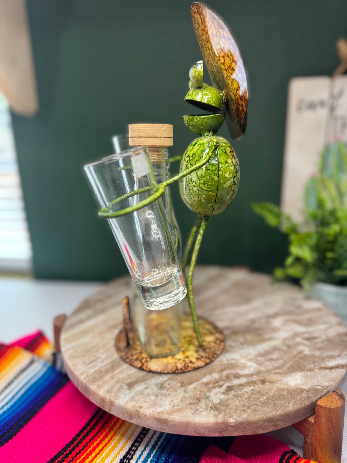 Metal work art Senor Frog with Glass Bottle and 2 Tequila shots