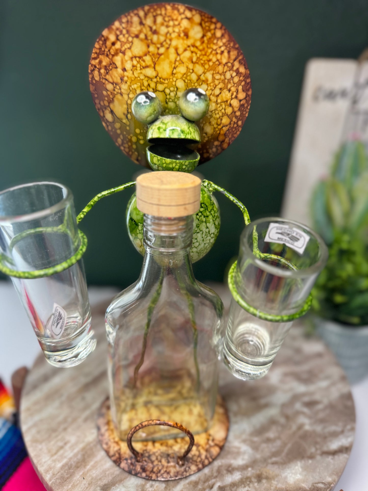 Metal work art Senor Frog with Glass Bottle and 2 Tequila shots
