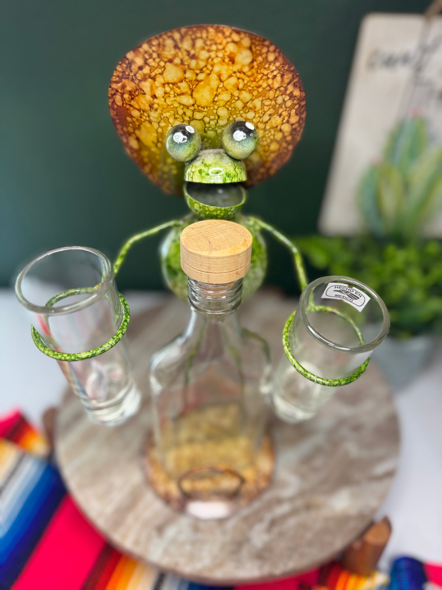 Metal work art Senor Frog with Glass Bottle and 2 Tequila shots