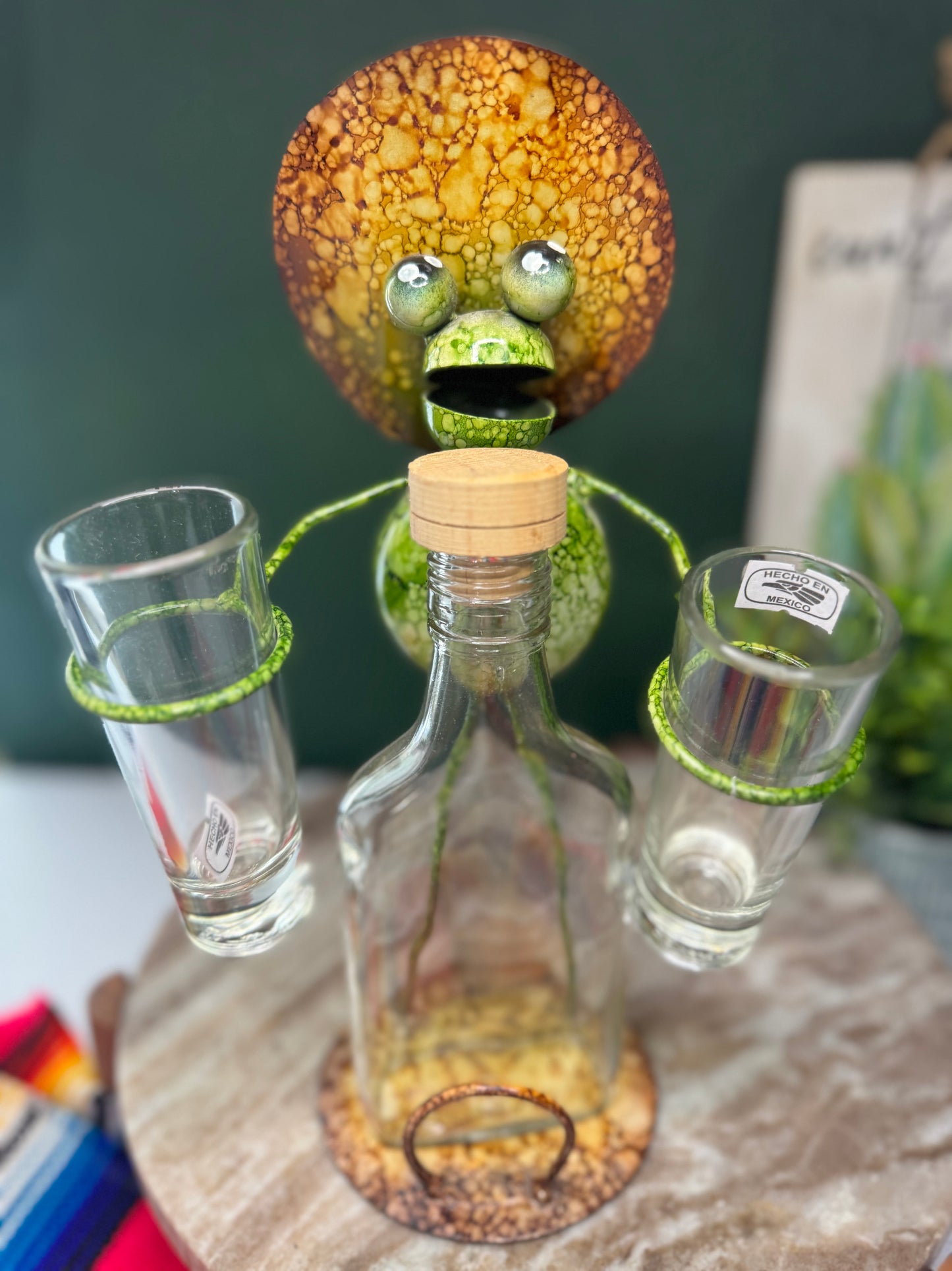Metal work art Senor Frog with Glass Bottle and 2 Tequila shots