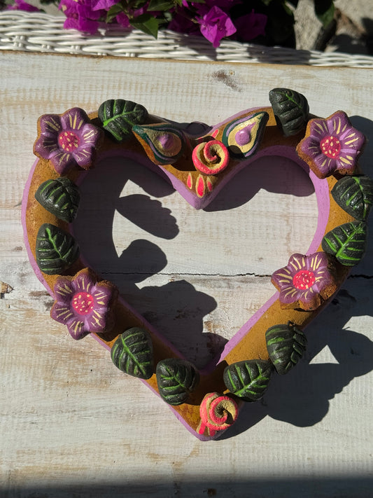 Barro Heart with Flowers made by Mexican Artesanos hand