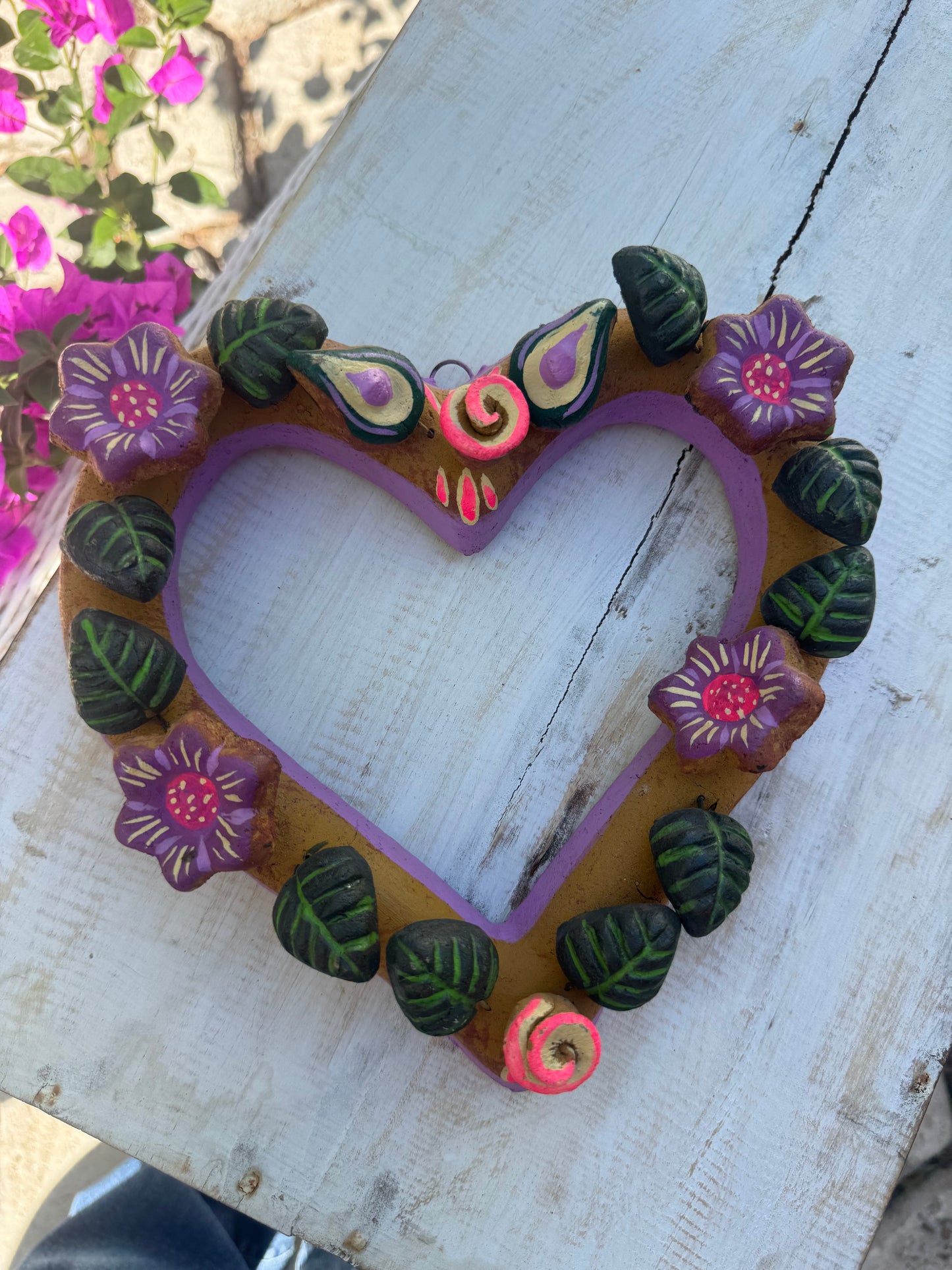 Barro Heart with Flowers made by Mexican Artesanos hand