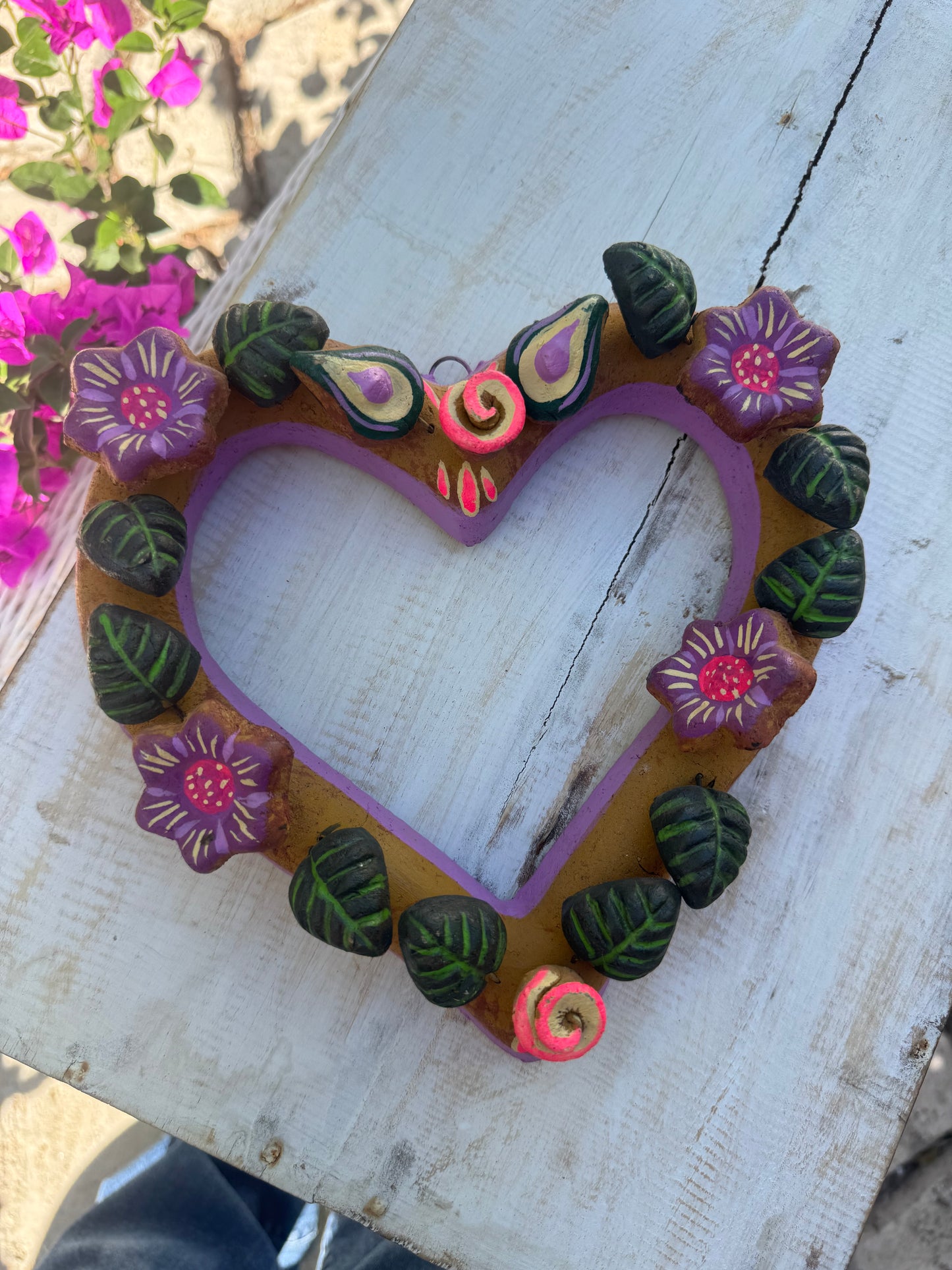 Barro Heart with Flowers made by Mexican Artesanos hand