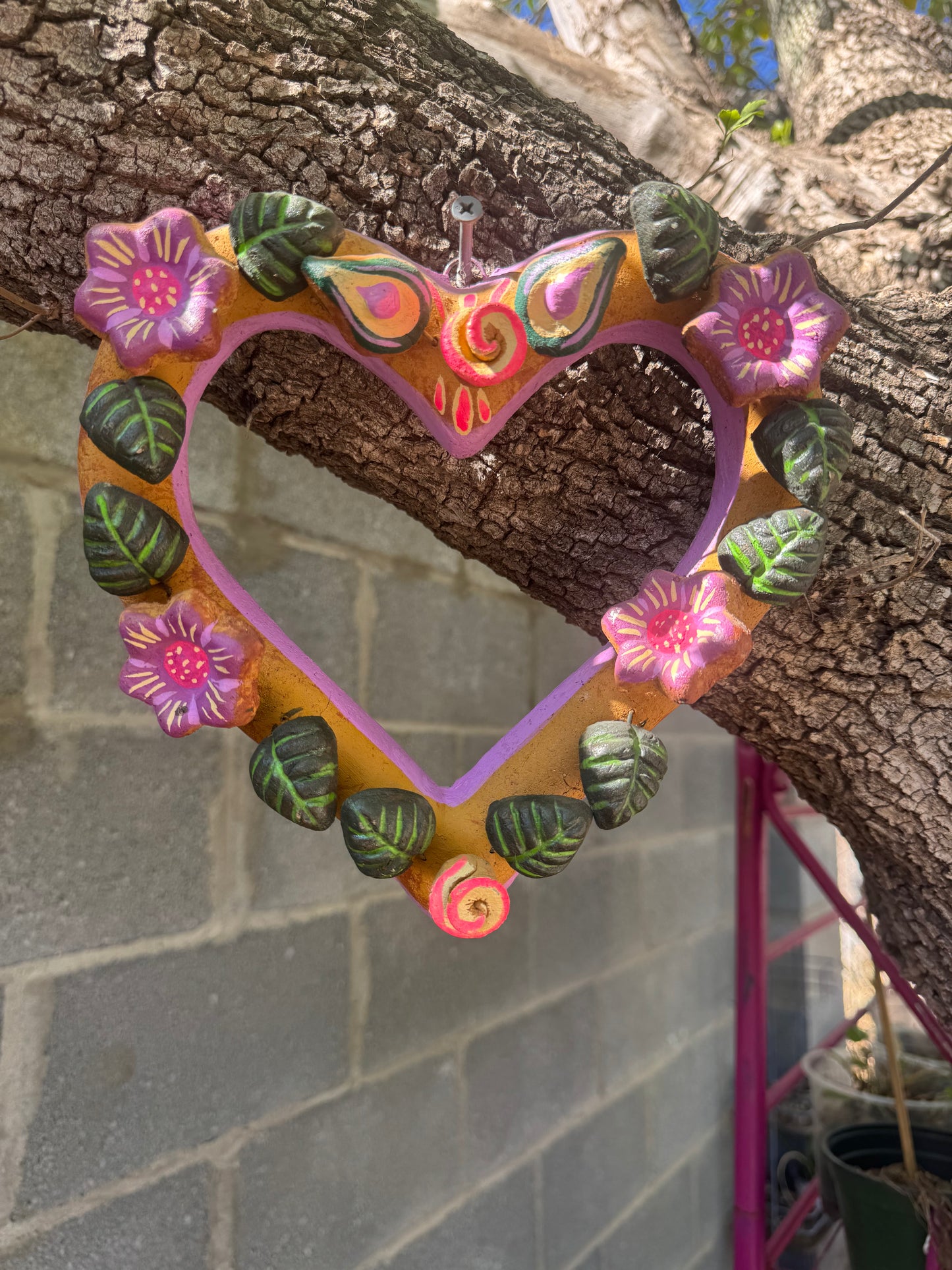 Barro Heart with Flowers made by Mexican Artesanos hand
