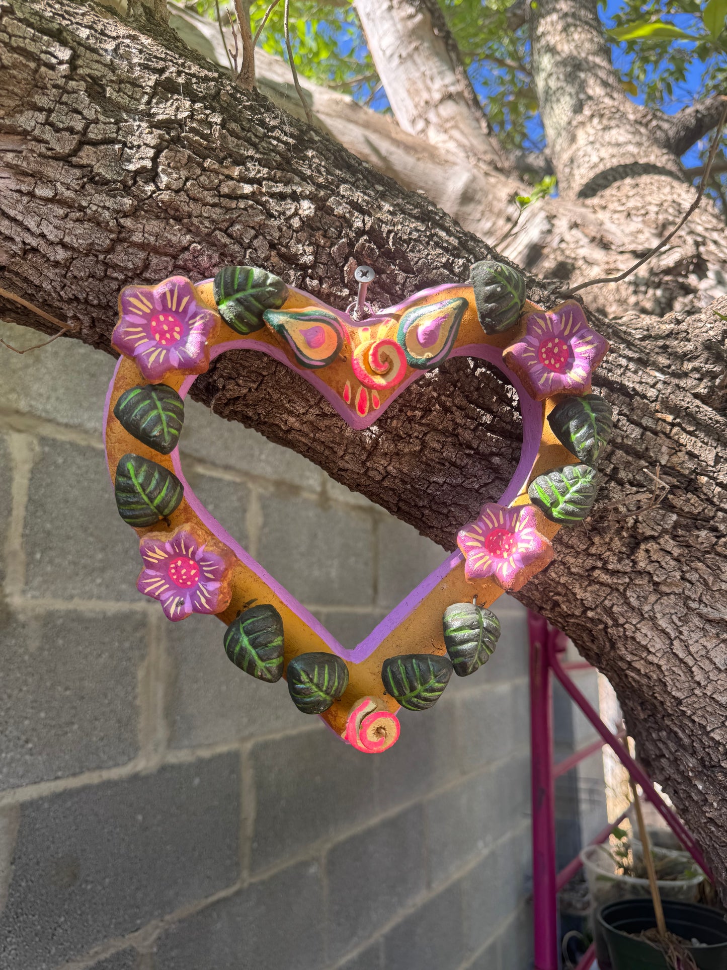 Barro Heart with Flowers made by Mexican Artesanos hand