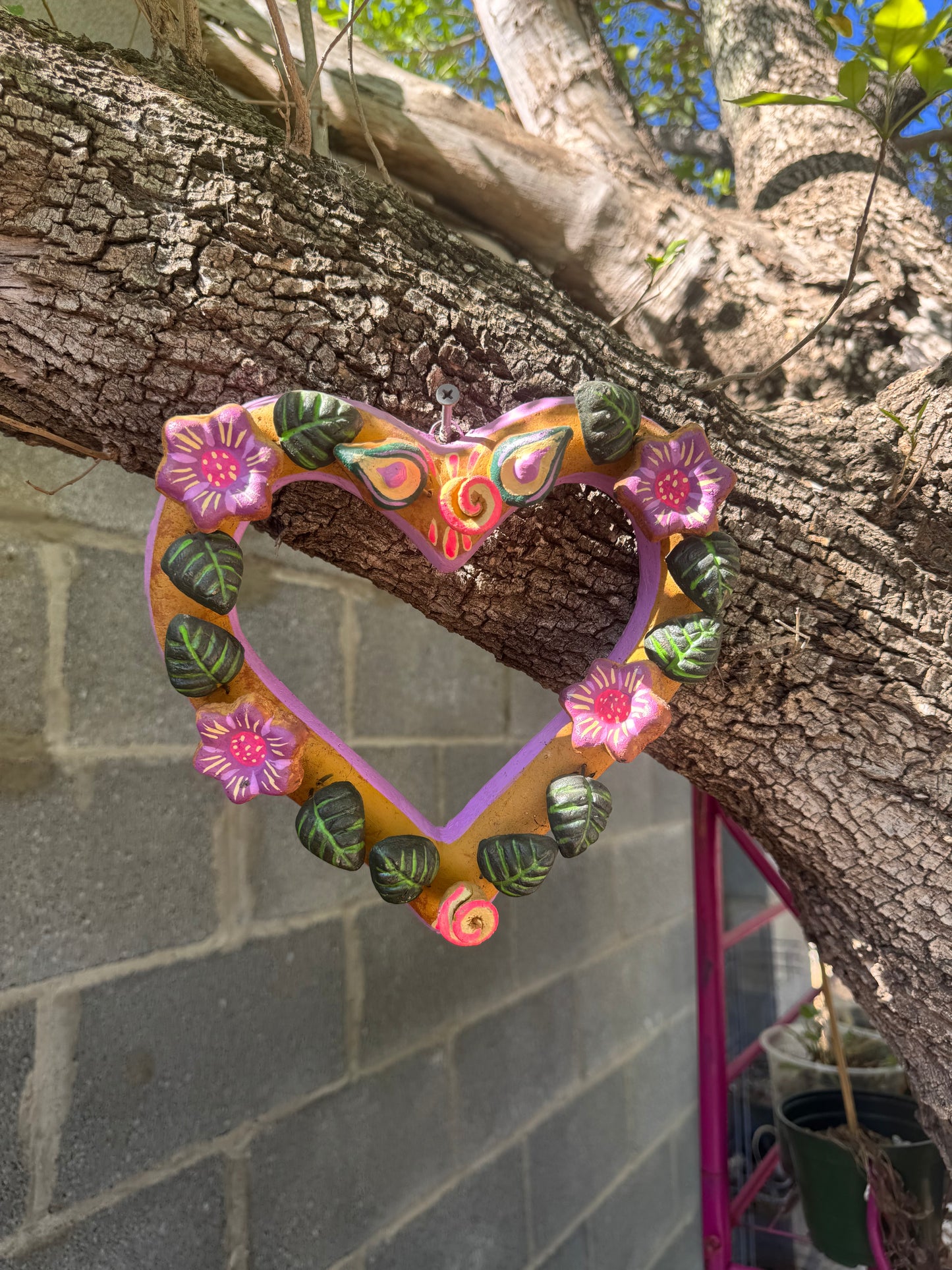 Barro Heart with Flowers made by Mexican Artesanos hand