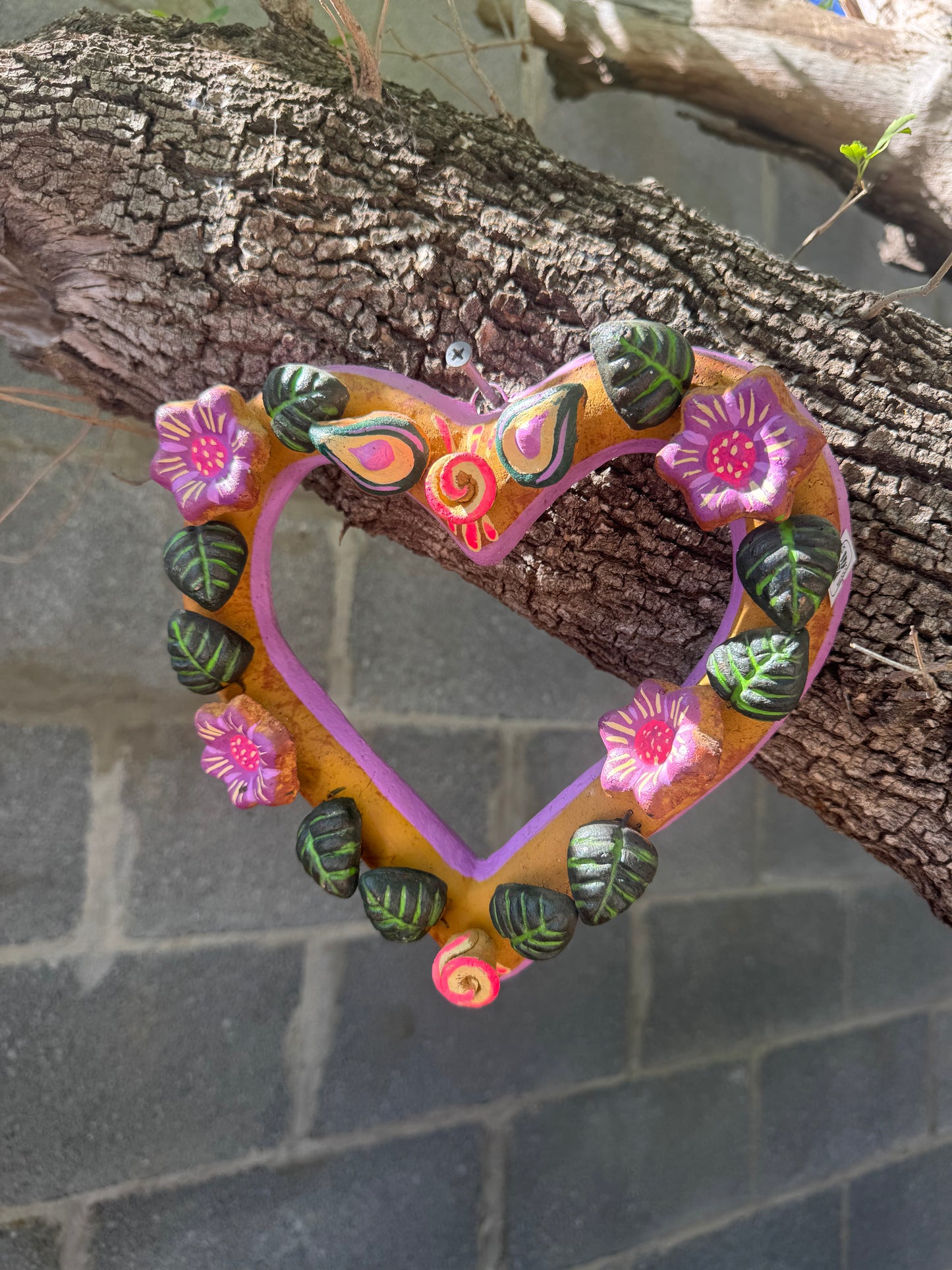Barro Heart with Flowers made by Mexican Artesanos hand