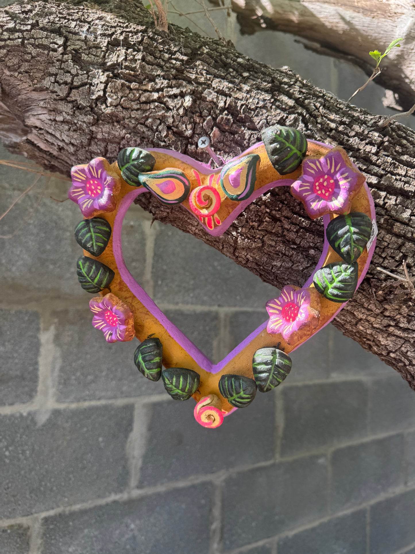 Barro Heart with Flowers made by Mexican Artesanos hand