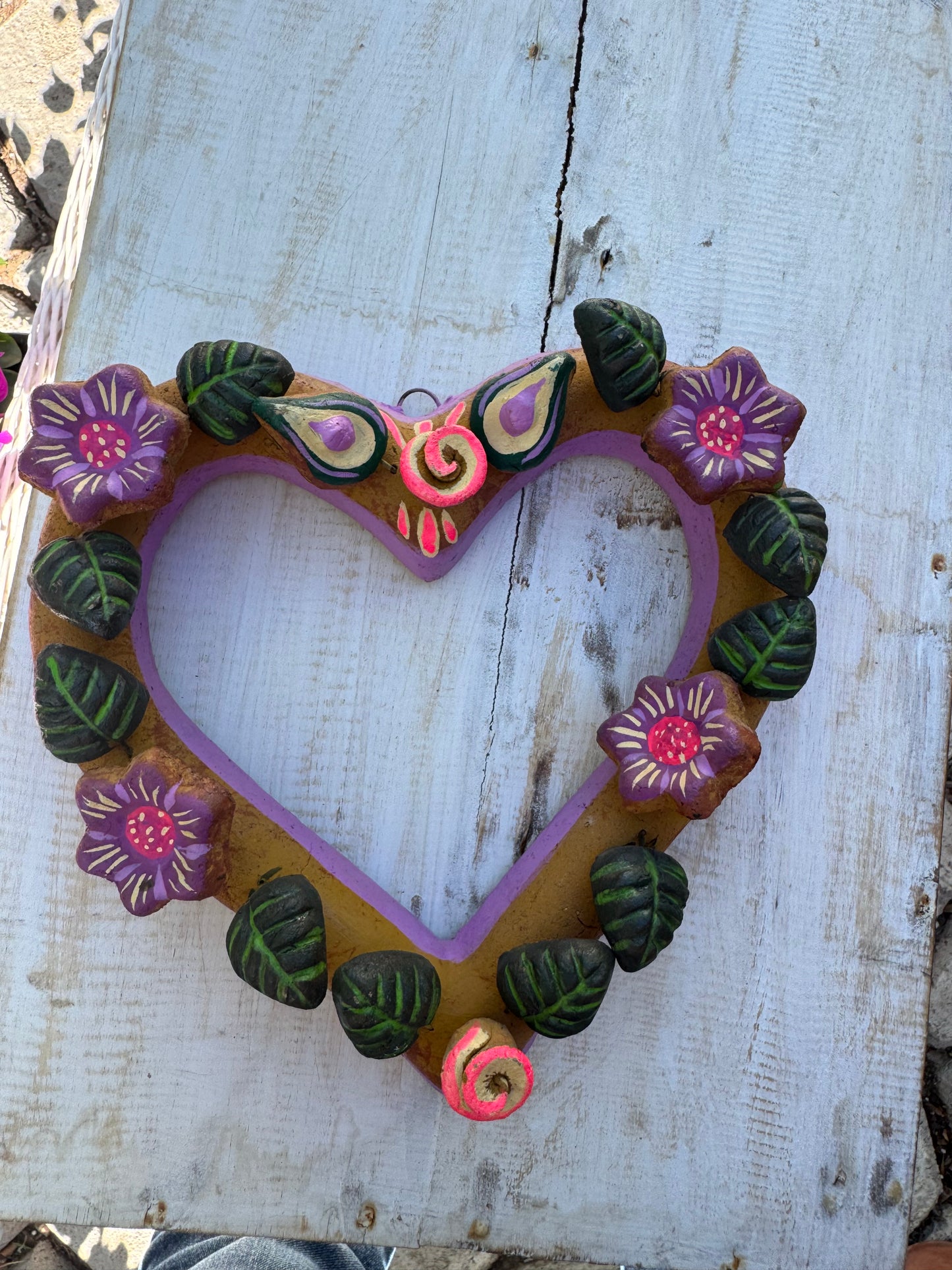 Barro Heart with Flowers made by Mexican Artesanos hand