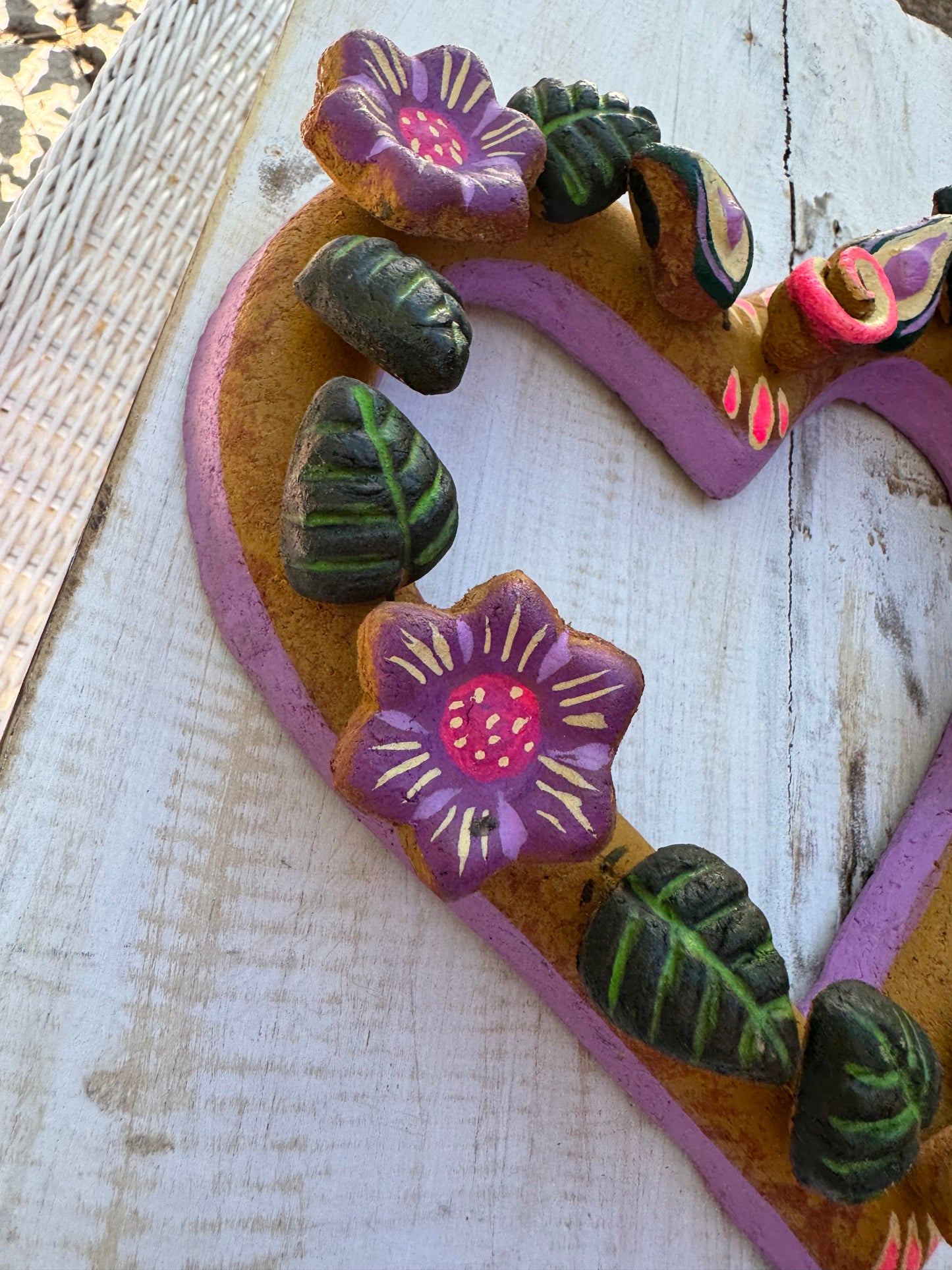 Barro Heart with Flowers made by Mexican Artesanos hand