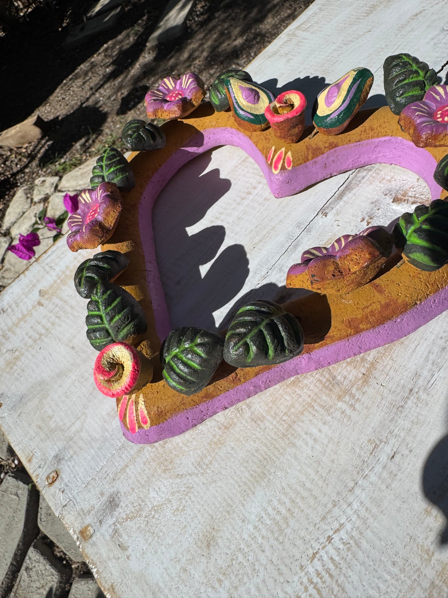 Barro Heart with Flowers made by Mexican Artesanos hand