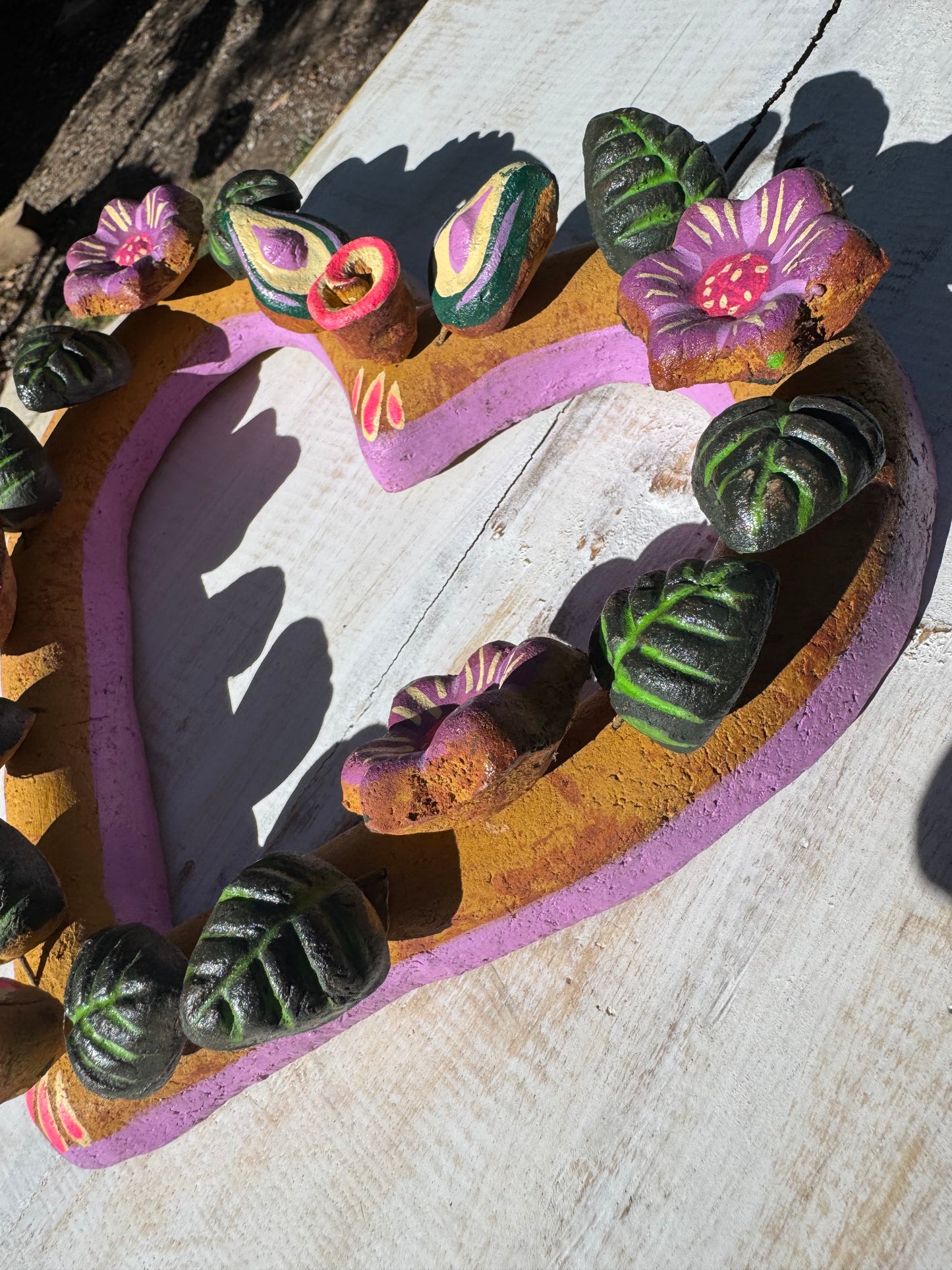 Barro Heart with Flowers made by Mexican Artesanos hand