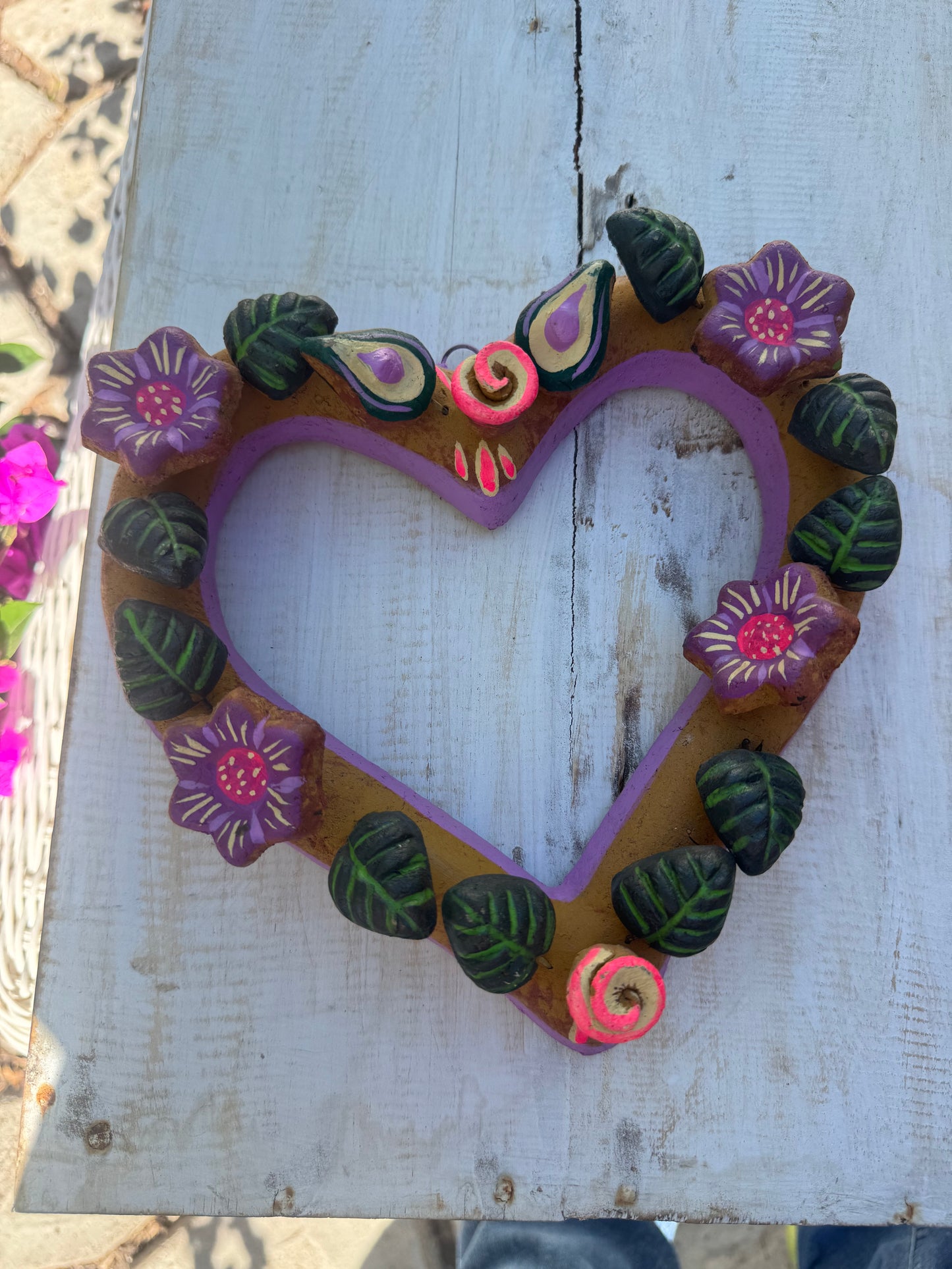 Barro Heart with Flowers made by Mexican Artesanos hand