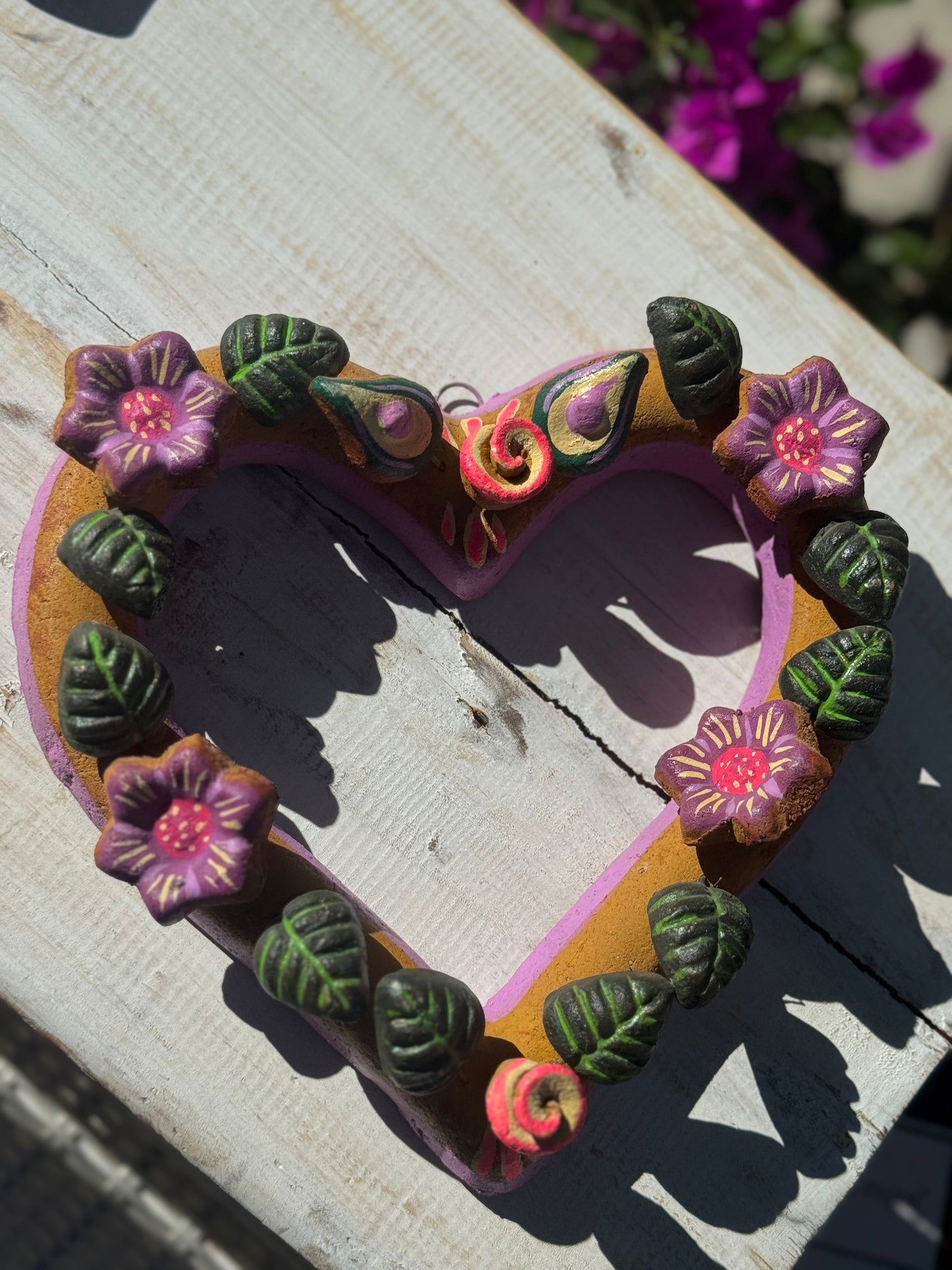 Barro Heart with Flowers made by Mexican Artesanos hand