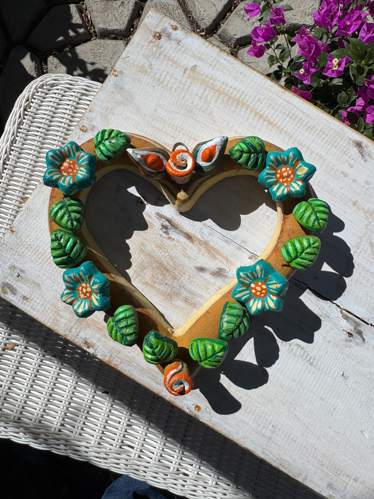Barro Heart with Flowers made by Mexican Artesanos hand