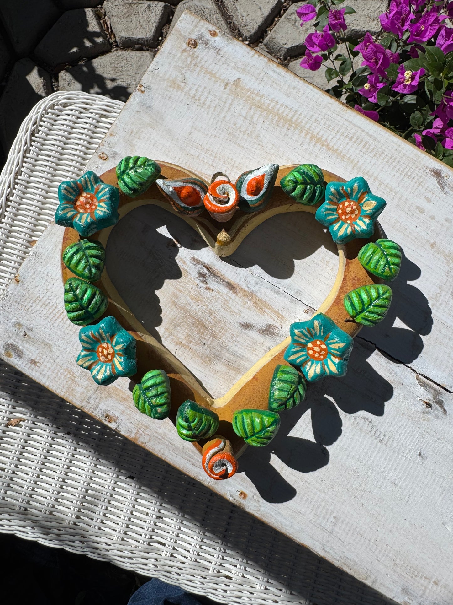 Barro Heart with Flowers made by Mexican Artesanos hand