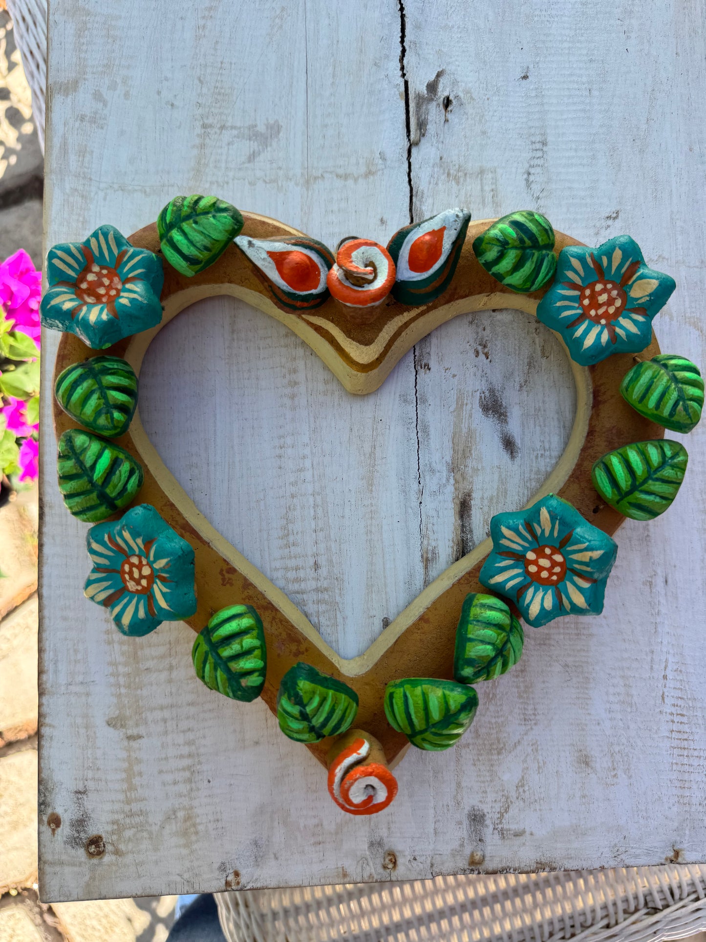 Barro Heart with Flowers made by Mexican Artesanos hand