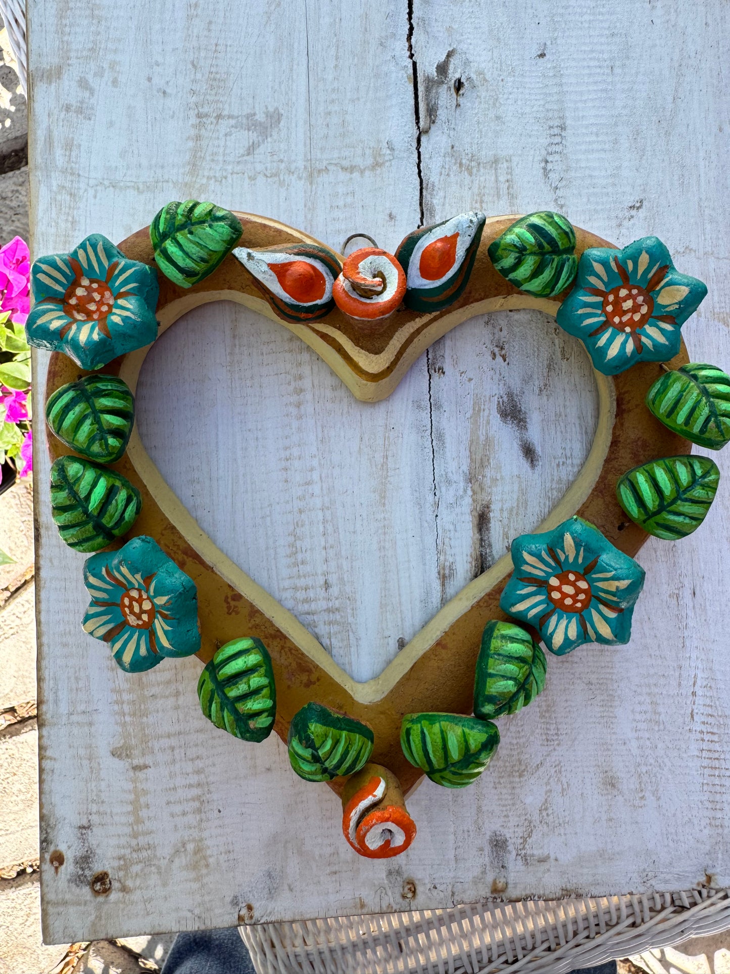 Barro Heart with Flowers made by Mexican Artesanos hand