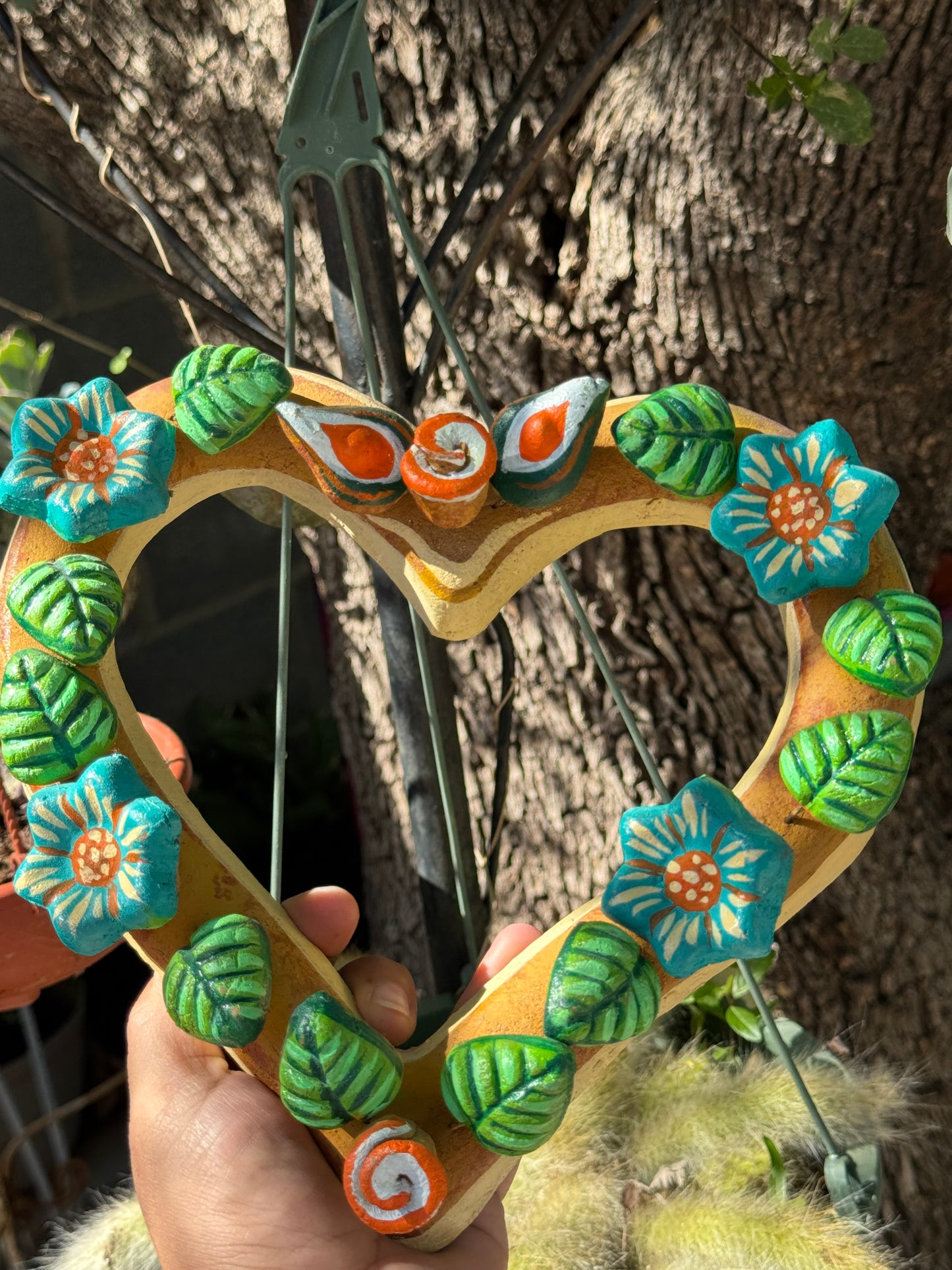 Barro Heart with Flowers made by Mexican Artesanos hand