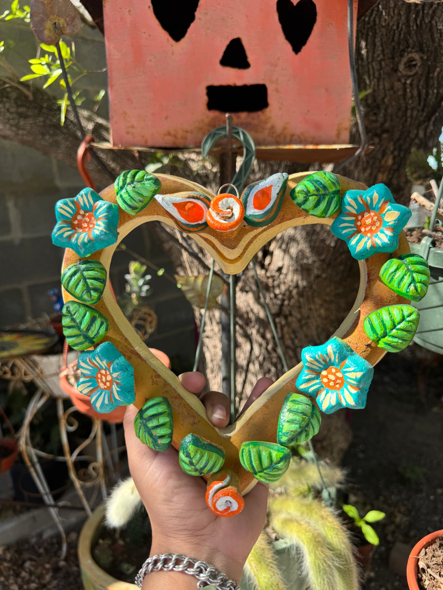 Barro Heart with Flowers made by Mexican Artesanos hand