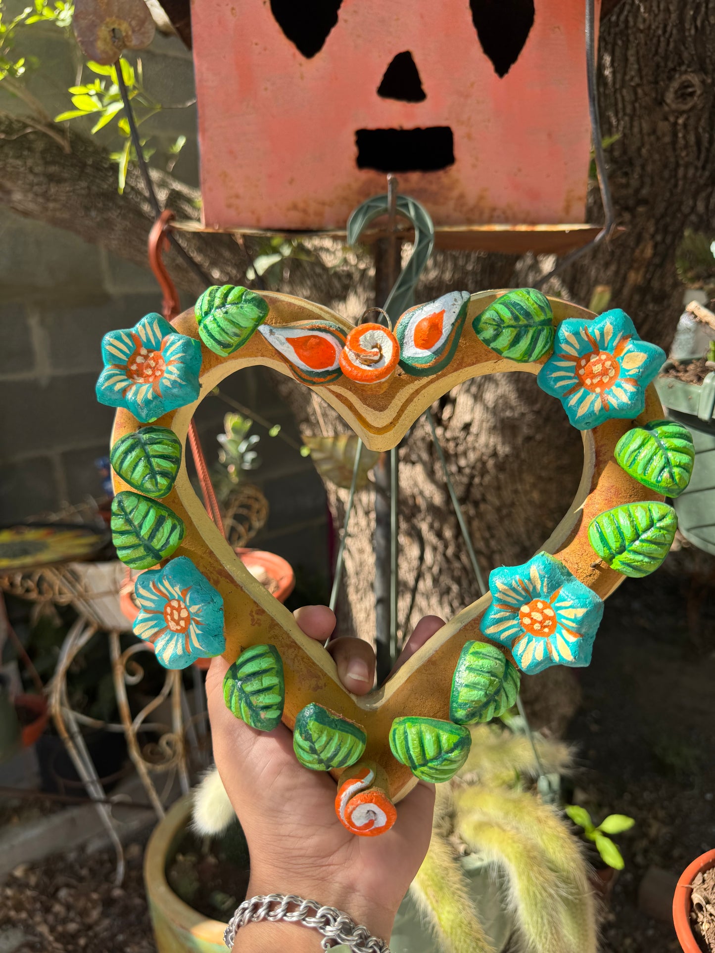 Barro Heart with Flowers made by Mexican Artesanos hand