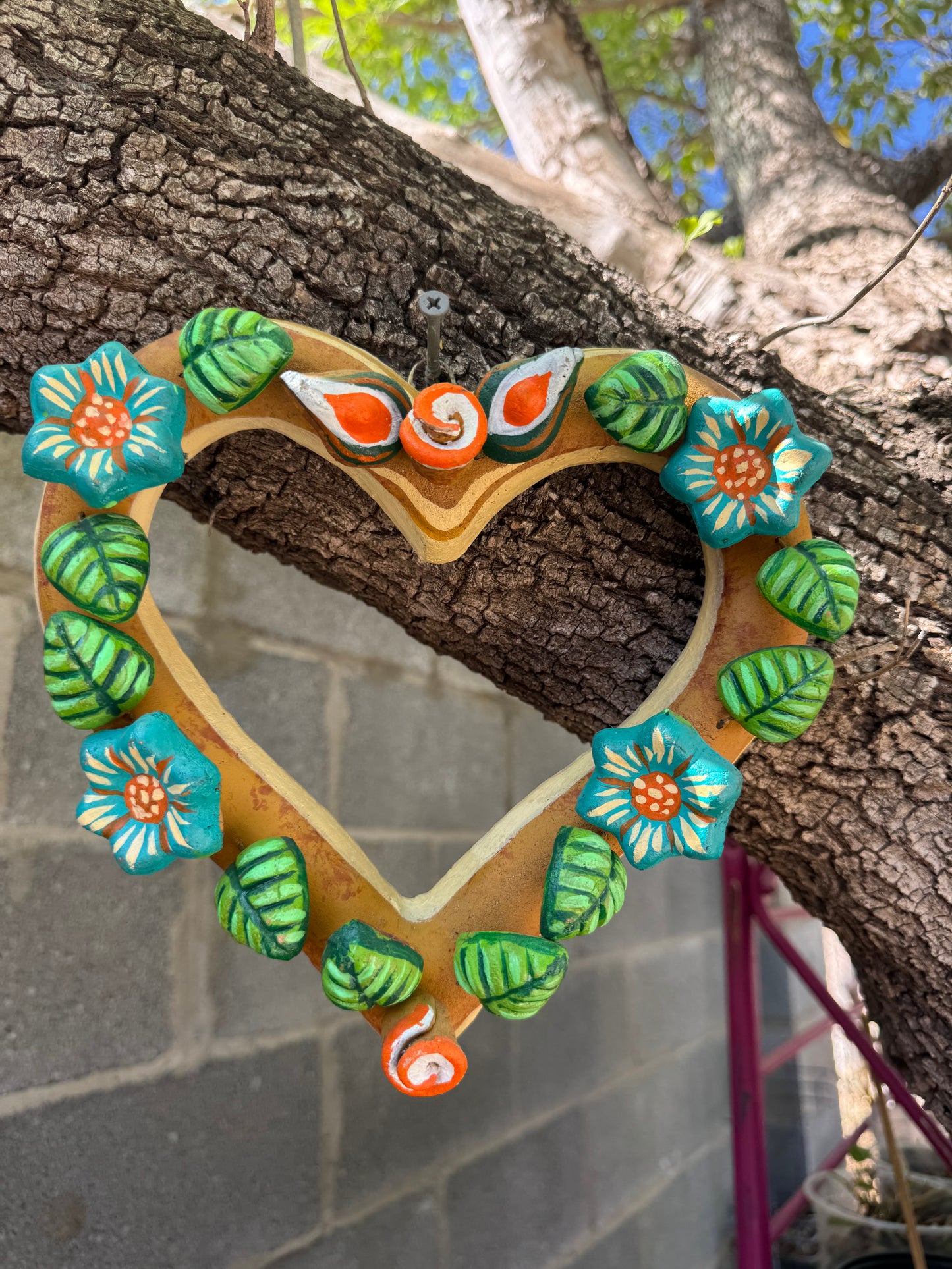Barro Heart with Flowers made by Mexican Artesanos hand