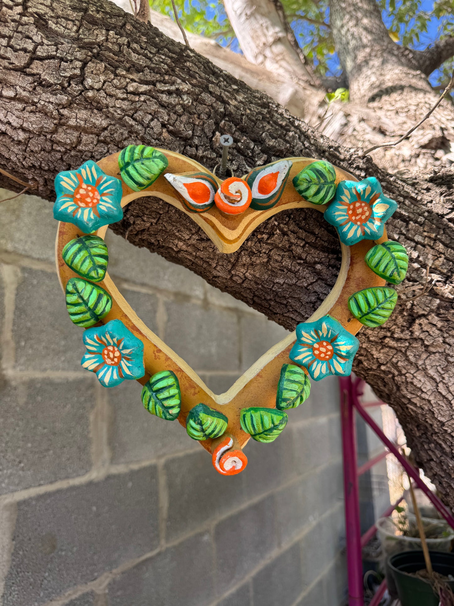 Barro Heart with Flowers made by Mexican Artesanos hand